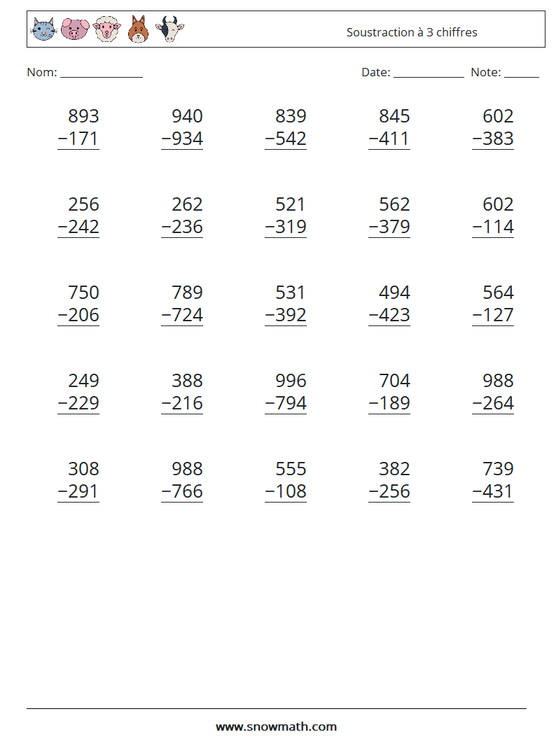 (25) Soustraction à 3 chiffres Fiches d'Exercices de Mathématiques 18