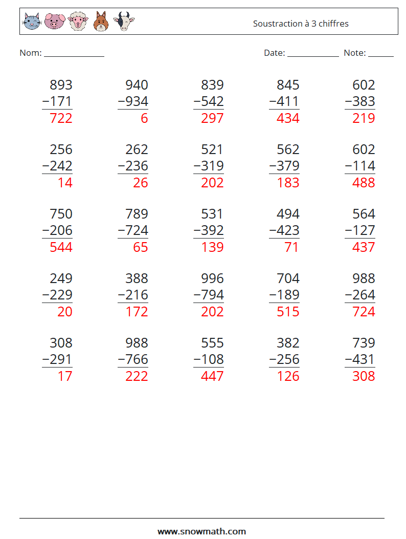 (25) Soustraction à 3 chiffres Fiches d'Exercices de Mathématiques 18 Question, Réponse