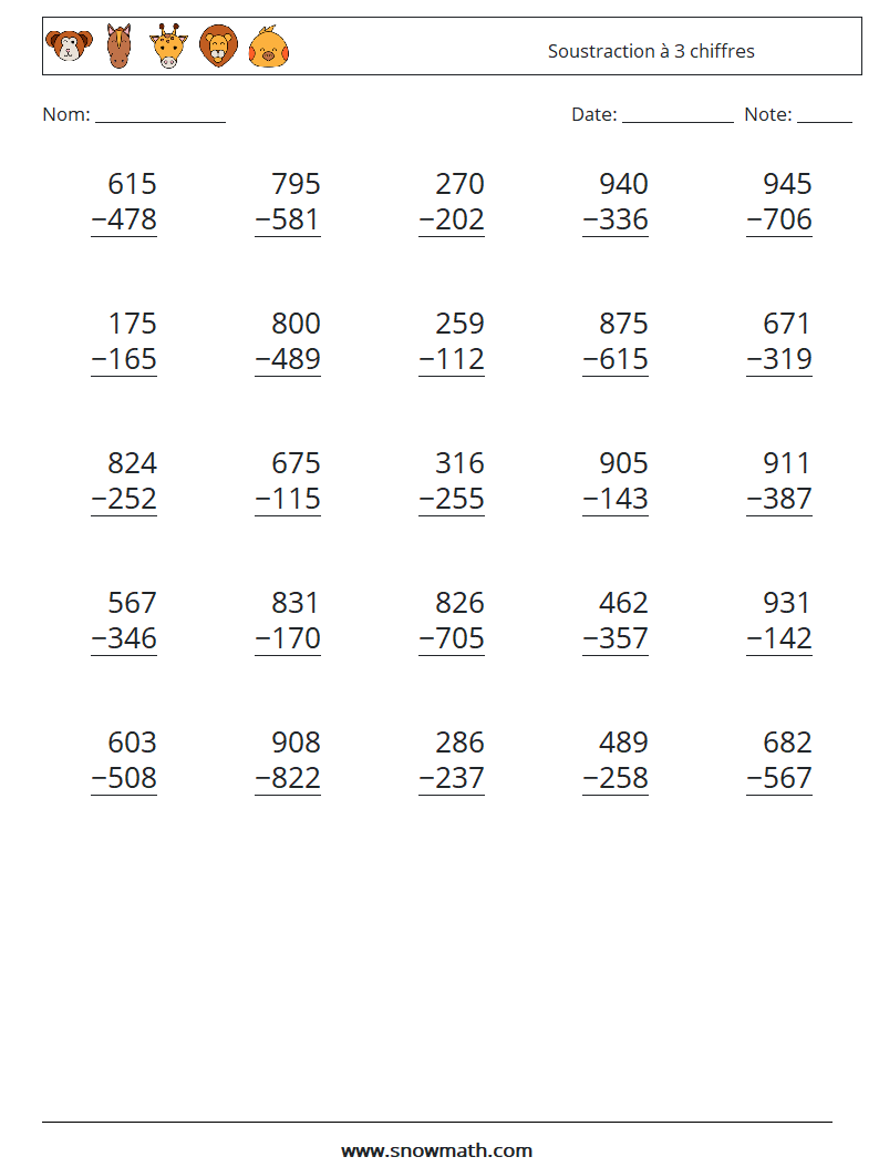 (25) Soustraction à 3 chiffres Fiches d'Exercices de Mathématiques 3