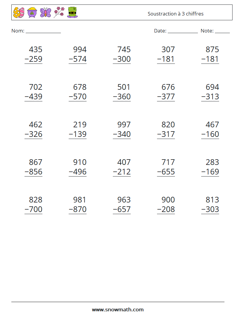 (25) Soustraction à 3 chiffres Fiches d'Exercices de Mathématiques 5