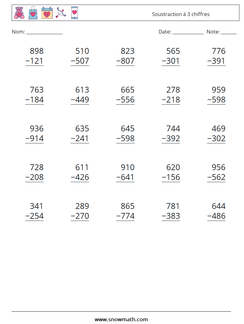 (25) Soustraction à 3 chiffres Fiches d'Exercices de Mathématiques 7