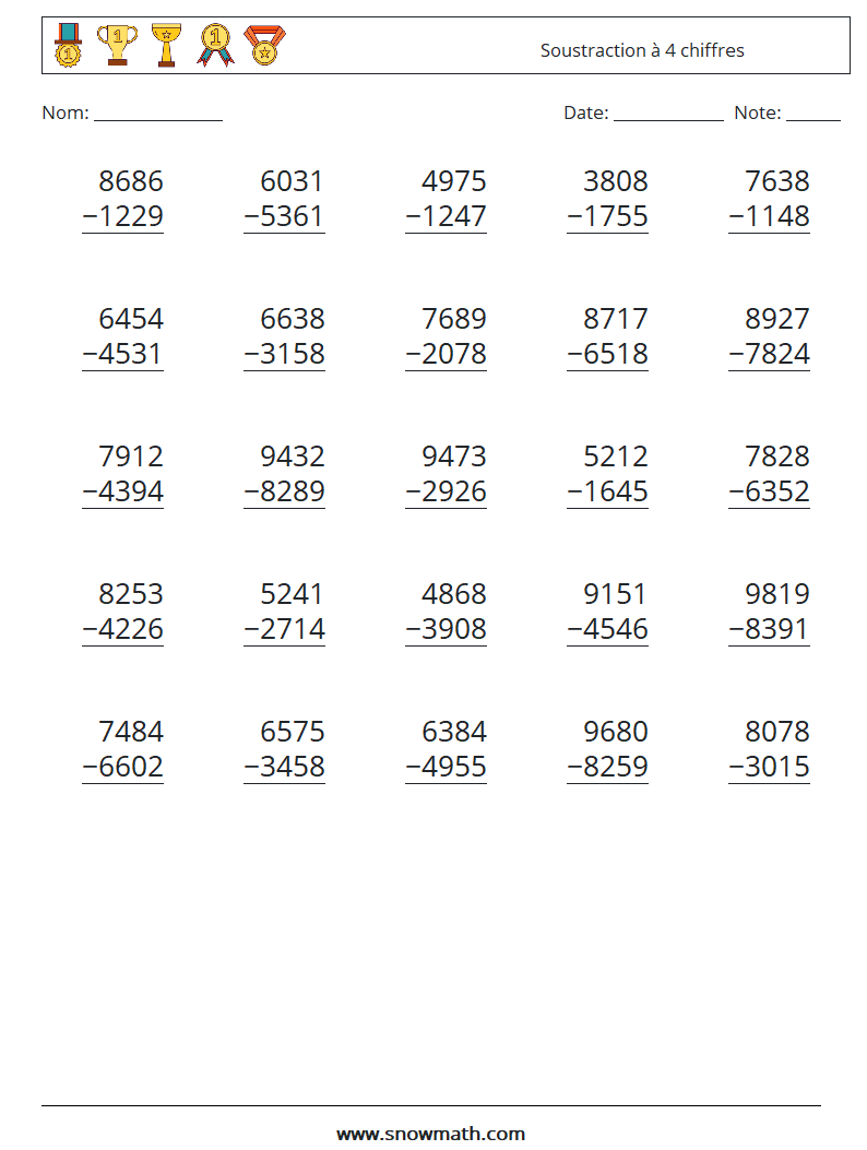 (25) Soustraction à 4 chiffres Fiches d'Exercices de Mathématiques 10