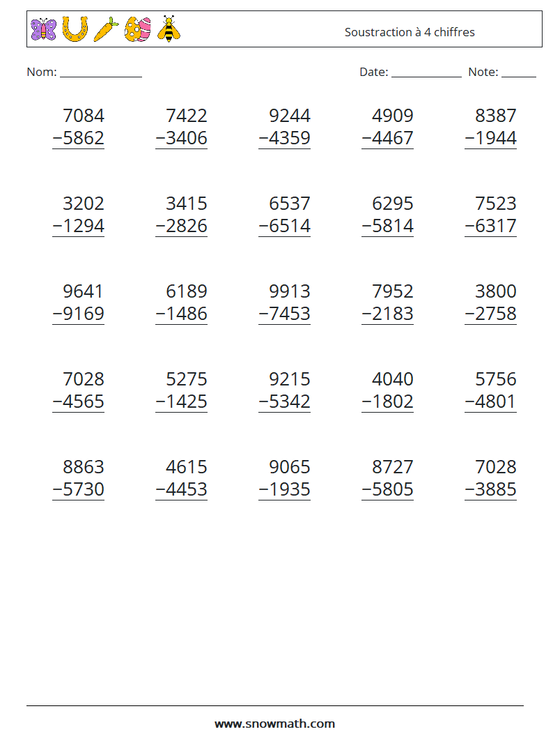 (25) Soustraction à 4 chiffres Fiches d'Exercices de Mathématiques 11