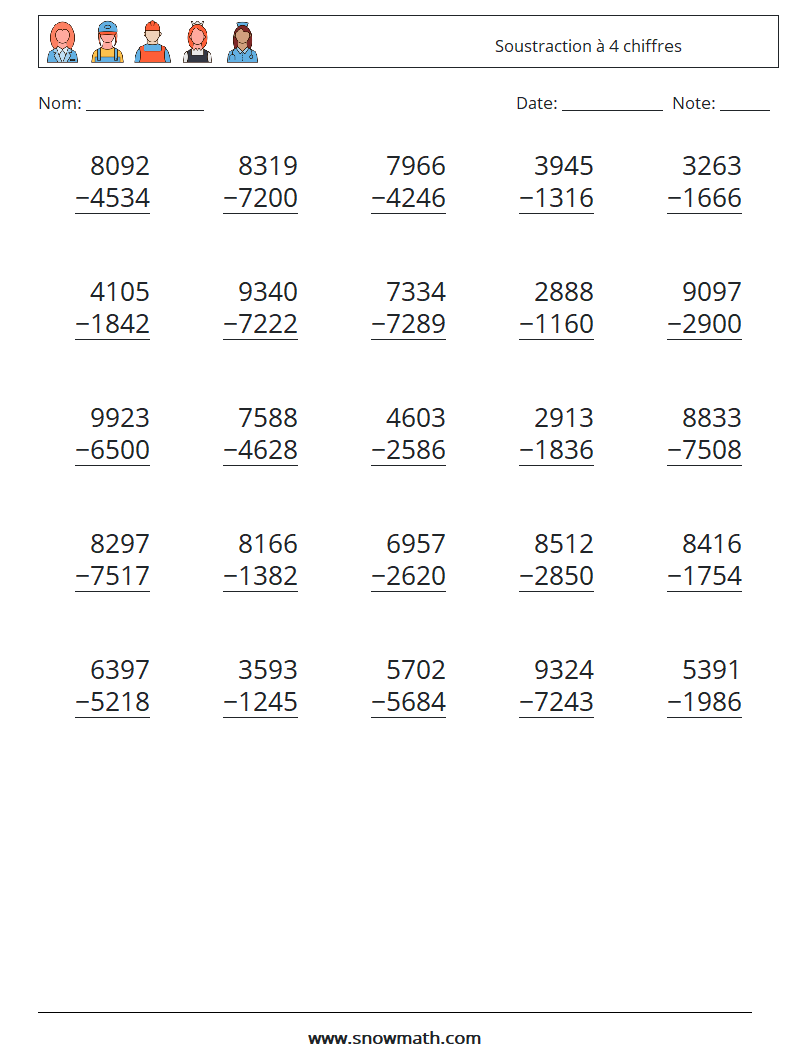(25) Soustraction à 4 chiffres Fiches d'Exercices de Mathématiques 15