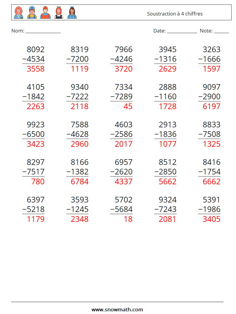 (25) Soustraction à 4 chiffres Fiches d'Exercices de Mathématiques 15 Question, Réponse
