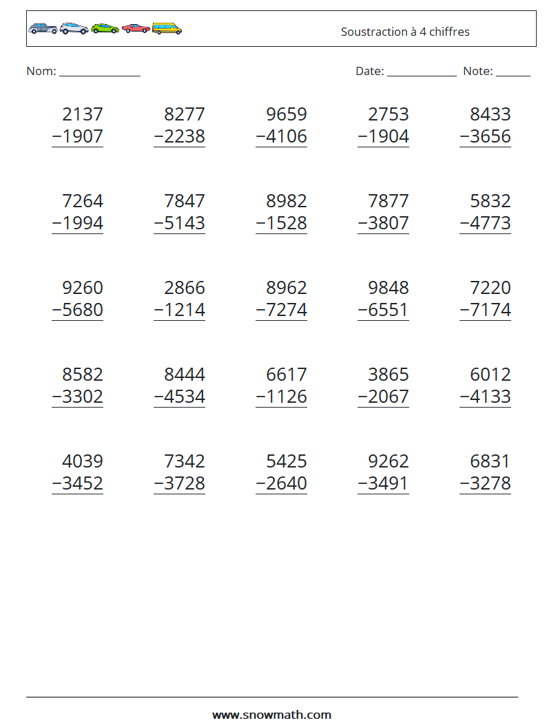 (25) Soustraction à 4 chiffres Fiches d'Exercices de Mathématiques 18