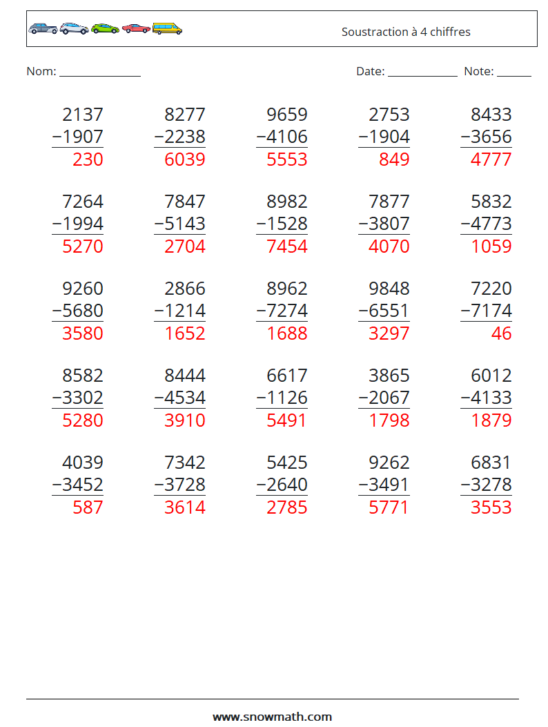 (25) Soustraction à 4 chiffres Fiches d'Exercices de Mathématiques 18 Question, Réponse