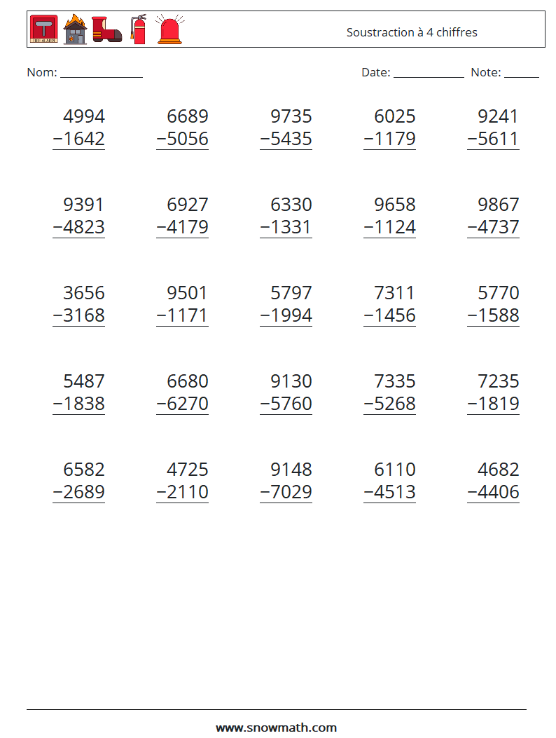 (25) Soustraction à 4 chiffres Fiches d'Exercices de Mathématiques 2