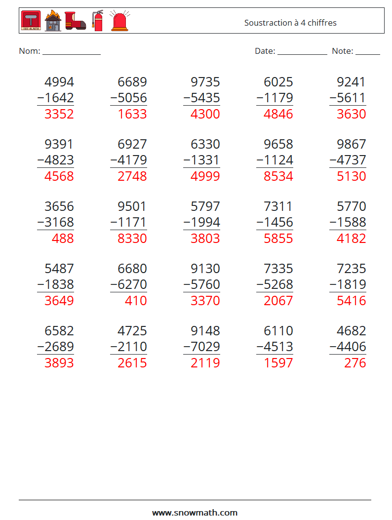 (25) Soustraction à 4 chiffres Fiches d'Exercices de Mathématiques 2 Question, Réponse