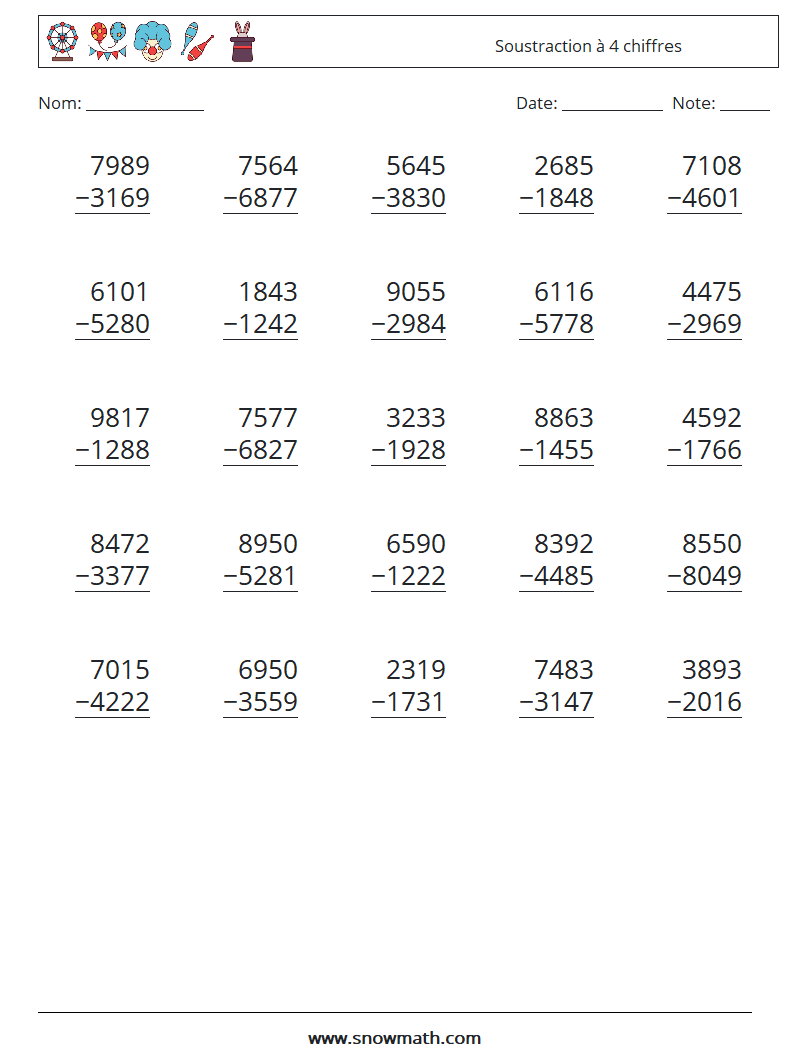 (25) Soustraction à 4 chiffres Fiches d'Exercices de Mathématiques 3