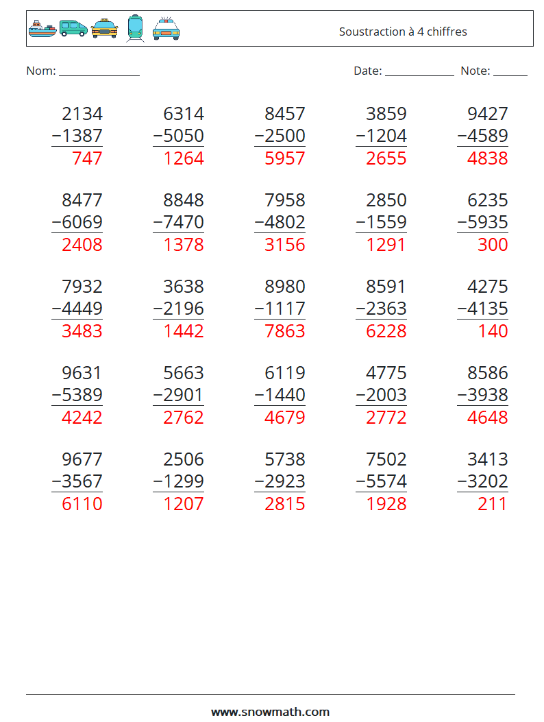 (25) Soustraction à 4 chiffres Fiches d'Exercices de Mathématiques 4 Question, Réponse