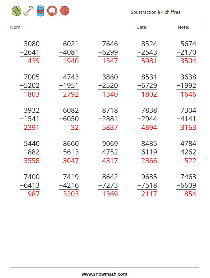 (25) Soustraction à 4 chiffres Fiches d'Exercices de Mathématiques 5 Question, Réponse