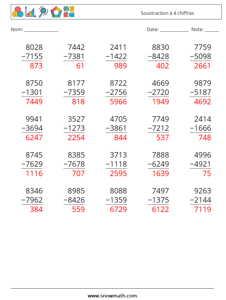 (25) Soustraction à 4 chiffres Fiches d'Exercices de Mathématiques 6 Question, Réponse