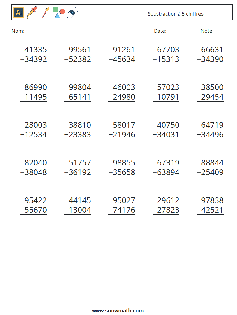 (25) Soustraction à 5 chiffres Fiches d'Exercices de Mathématiques 10