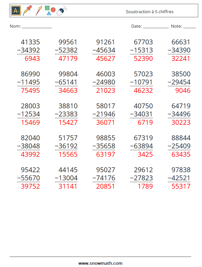 (25) Soustraction à 5 chiffres Fiches d'Exercices de Mathématiques 10 Question, Réponse
