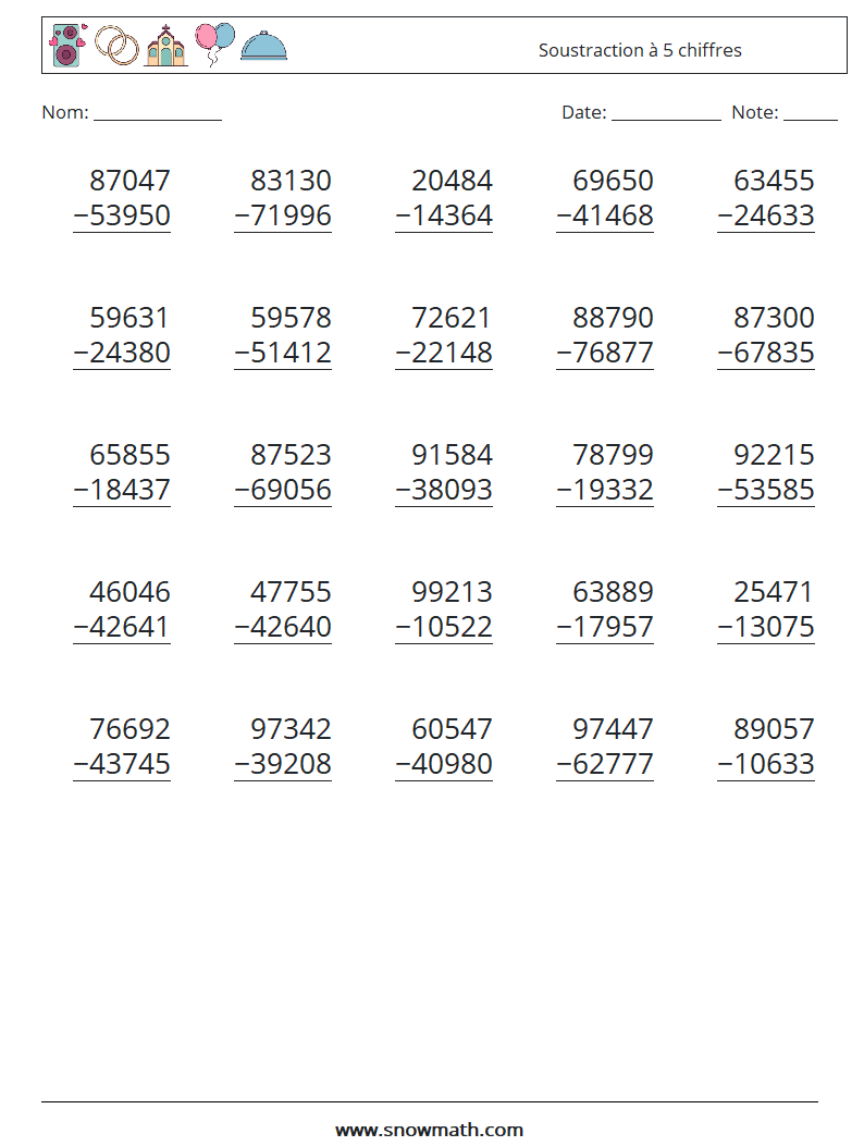 (25) Soustraction à 5 chiffres Fiches d'Exercices de Mathématiques 11