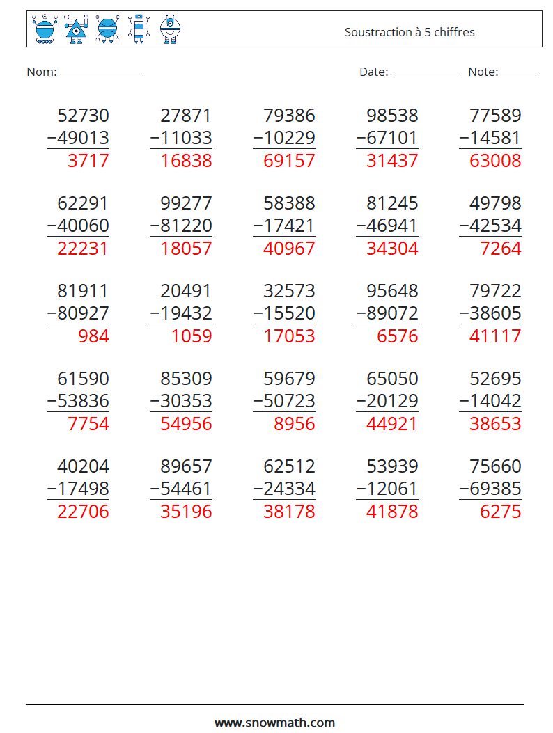 (25) Soustraction à 5 chiffres Fiches d'Exercices de Mathématiques 12 Question, Réponse
