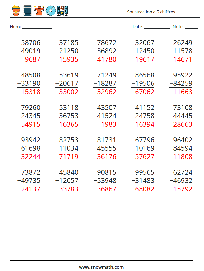 (25) Soustraction à 5 chiffres Fiches d'Exercices de Mathématiques 17 Question, Réponse