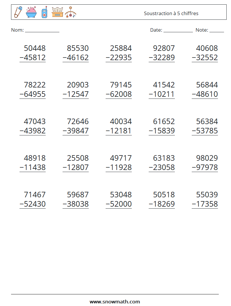 (25) Soustraction à 5 chiffres Fiches d'Exercices de Mathématiques 3