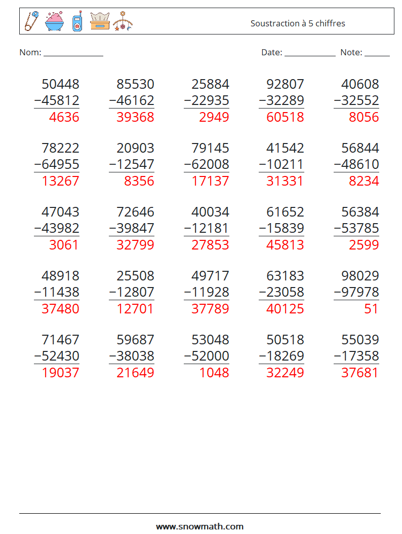 (25) Soustraction à 5 chiffres Fiches d'Exercices de Mathématiques 3 Question, Réponse