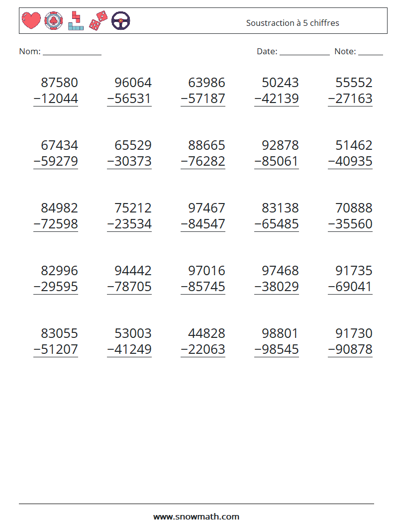 (25) Soustraction à 5 chiffres Fiches d'Exercices de Mathématiques 5