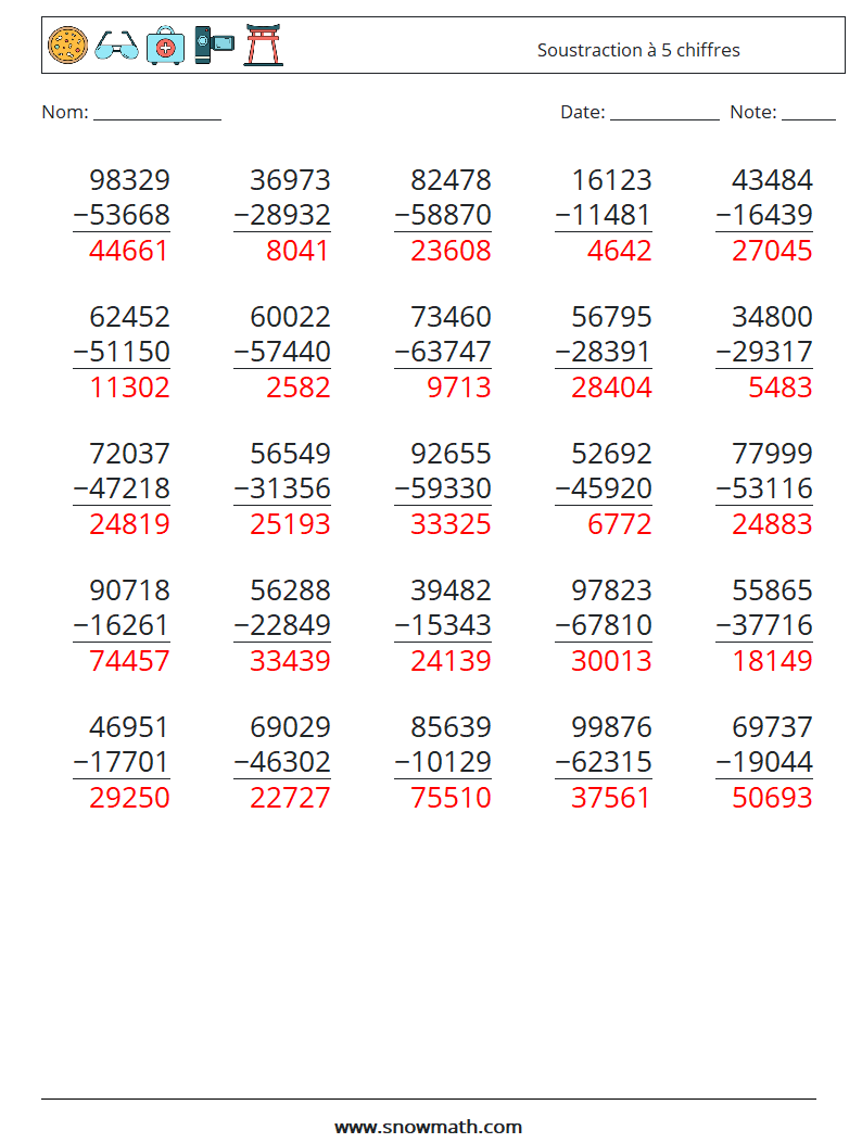 (25) Soustraction à 5 chiffres Fiches d'Exercices de Mathématiques 6 Question, Réponse