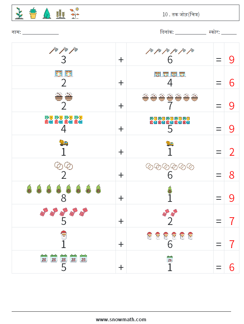 10 . तक जोड़(चित्र) गणित कार्यपत्रक 1 प्रश्न, उत्तर