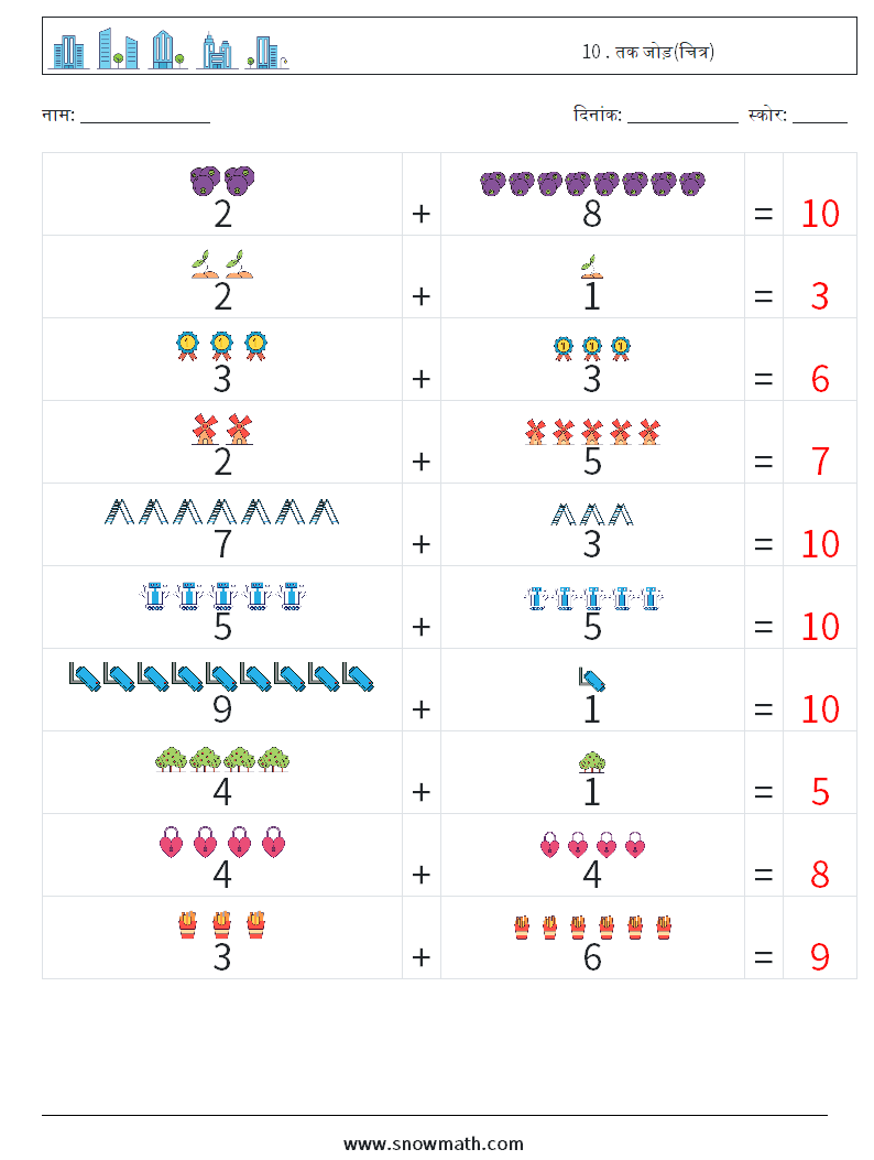 10 . तक जोड़(चित्र) गणित कार्यपत्रक 3 प्रश्न, उत्तर