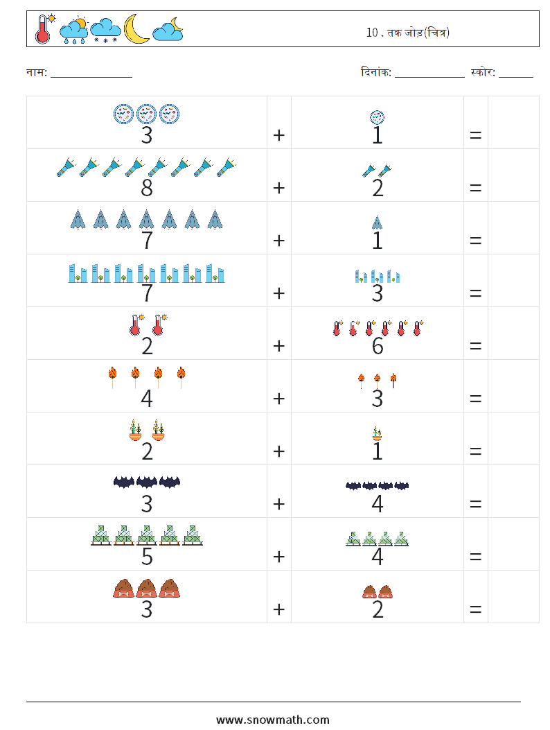 10 . तक जोड़(चित्र) गणित कार्यपत्रक 7