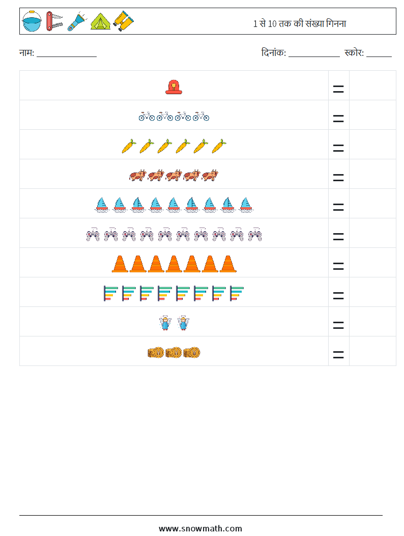1 से 10 तक की संख्या गिनना गणित कार्यपत्रक 11