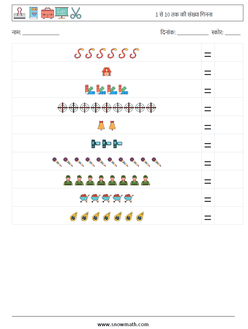 1 से 10 तक की संख्या गिनना गणित कार्यपत्रक 2