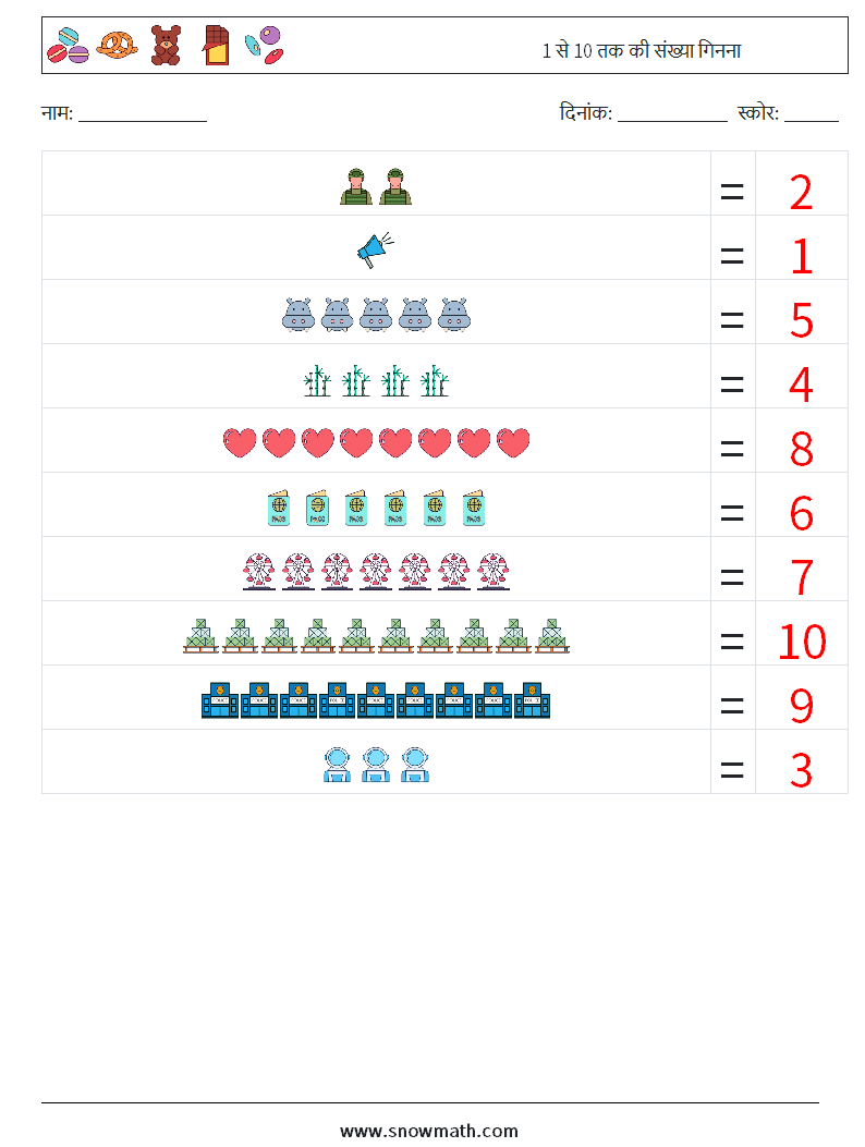 1 से 10 तक की संख्या गिनना गणित कार्यपत्रक 3 प्रश्न, उत्तर