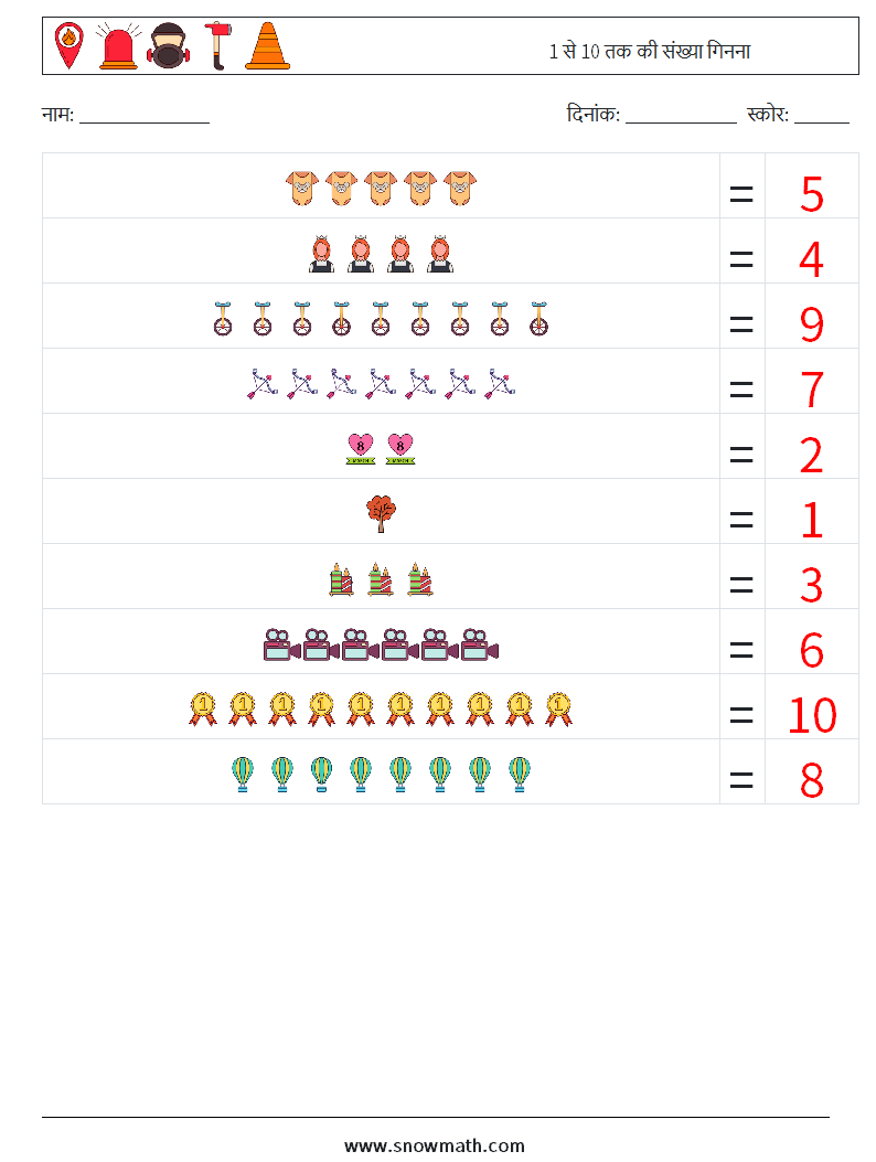 1 से 10 तक की संख्या गिनना गणित कार्यपत्रक 5 प्रश्न, उत्तर