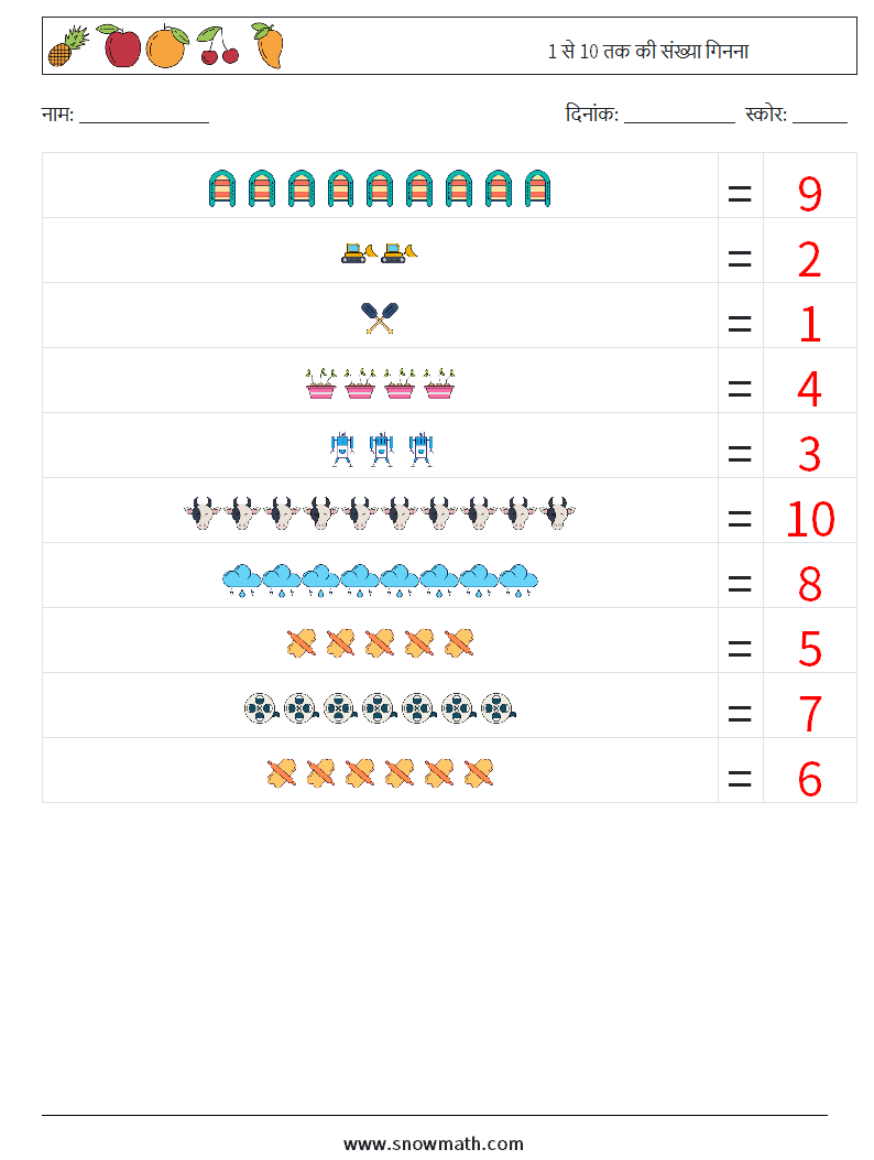 1 से 10 तक की संख्या गिनना गणित कार्यपत्रक 6 प्रश्न, उत्तर