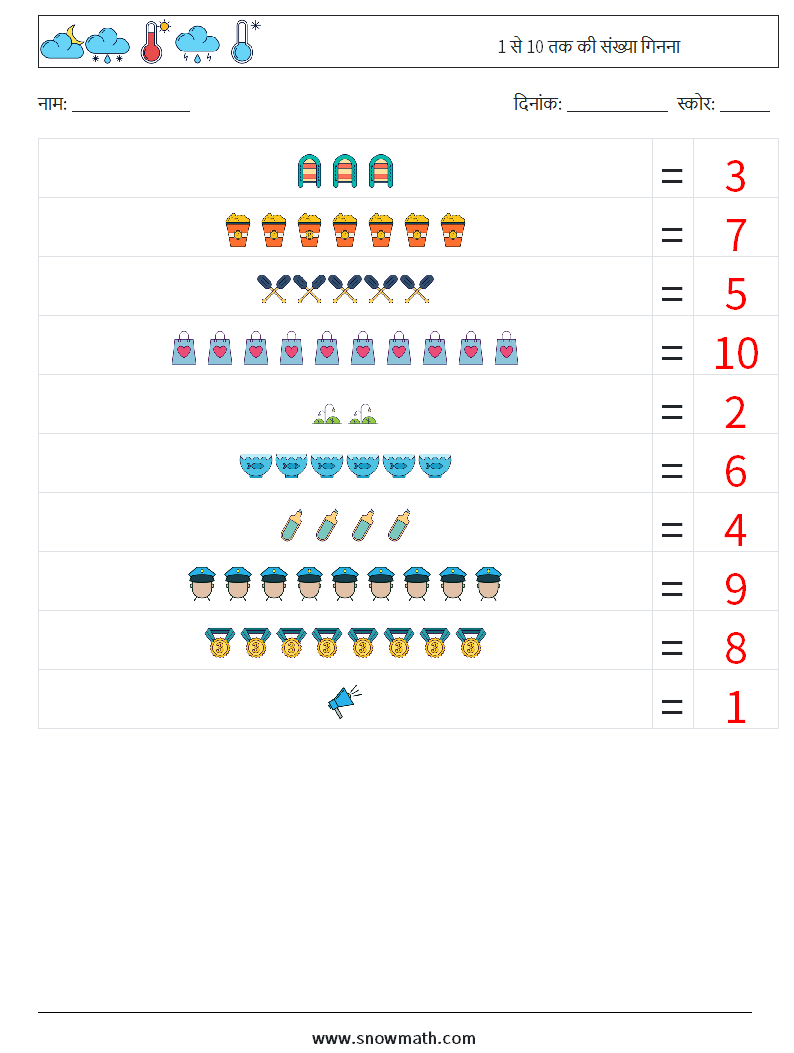 1 से 10 तक की संख्या गिनना गणित कार्यपत्रक 7 प्रश्न, उत्तर