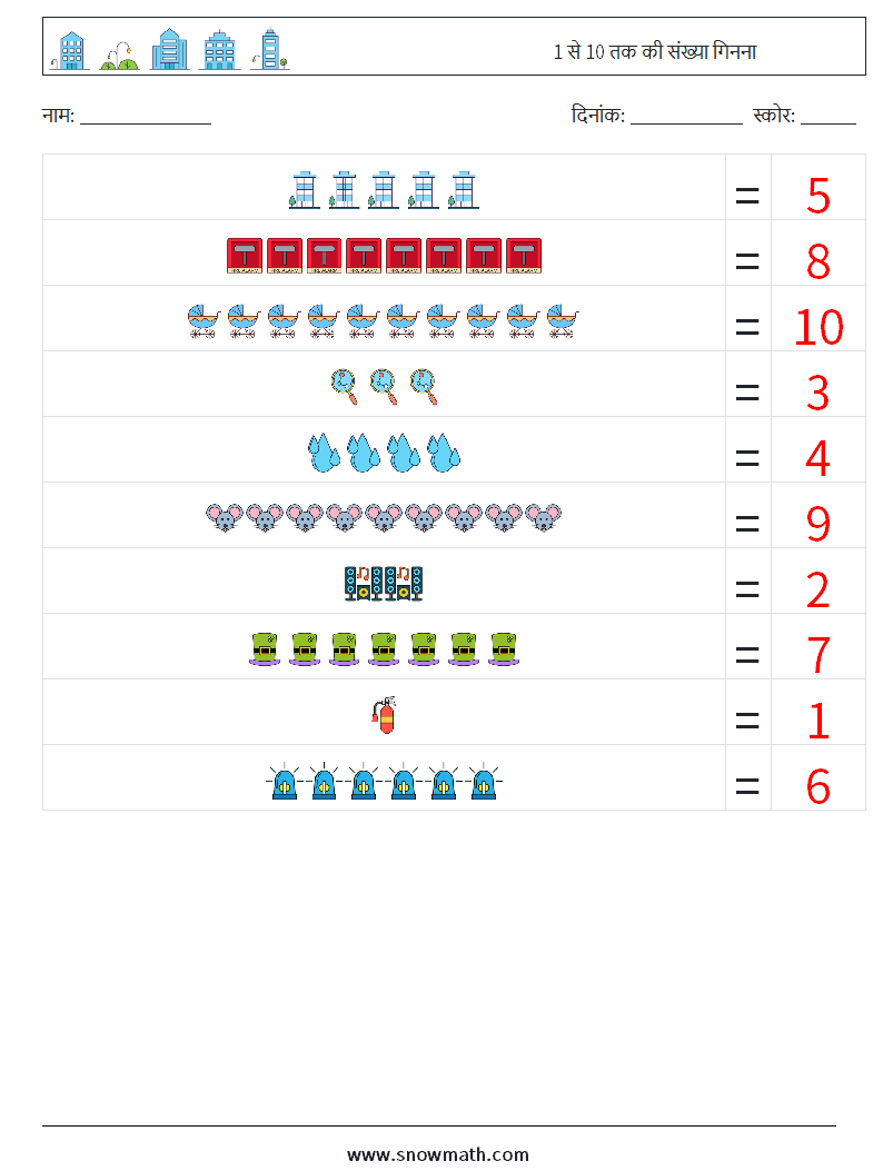 1 से 10 तक की संख्या गिनना गणित कार्यपत्रक 8 प्रश्न, उत्तर