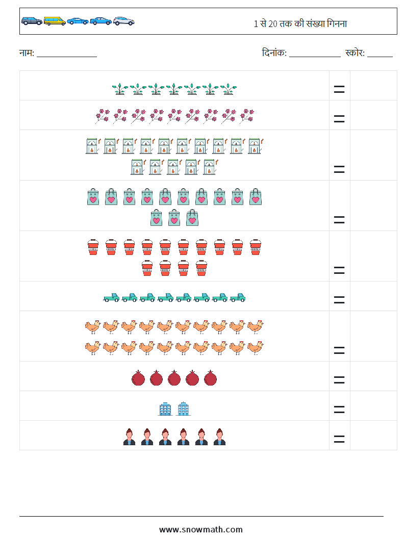 1 से 20 तक की संख्या गिनना गणित कार्यपत्रक 11
