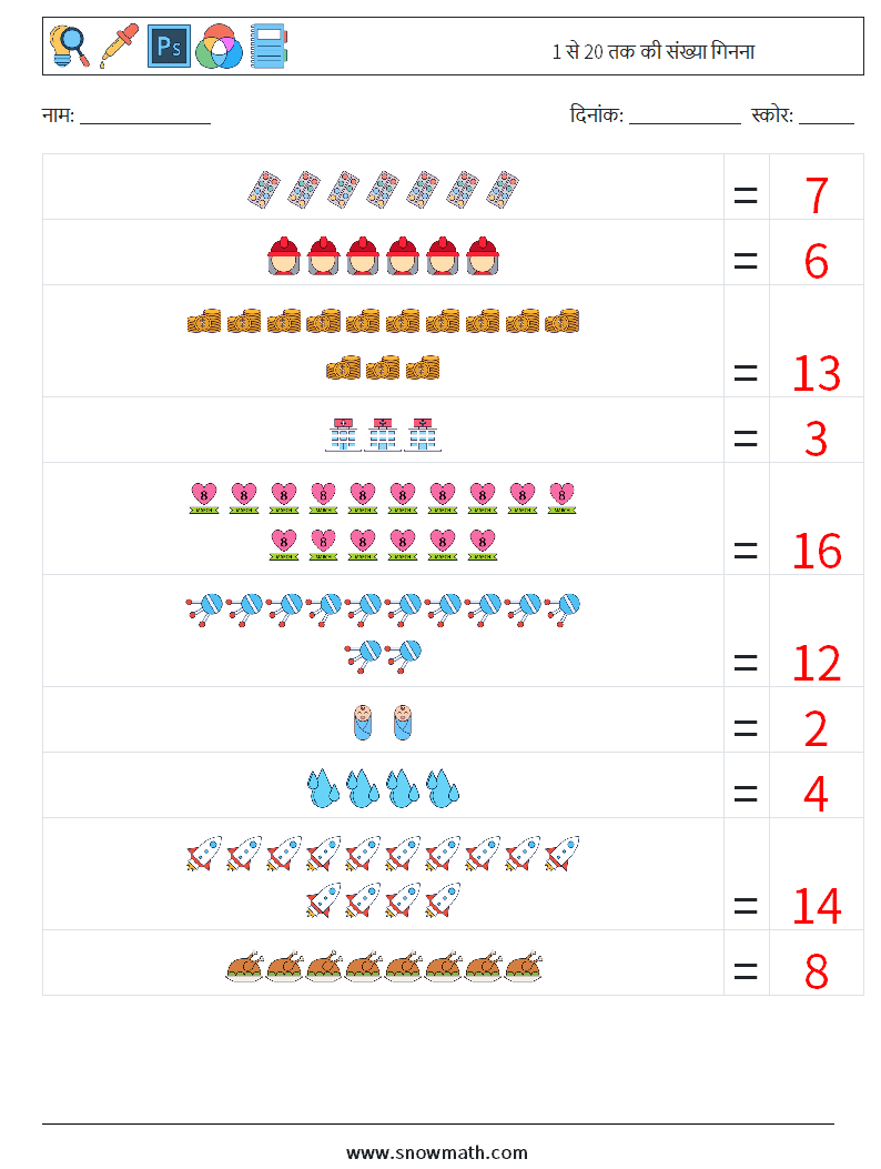 1 से 20 तक की संख्या गिनना गणित कार्यपत्रक 16 प्रश्न, उत्तर