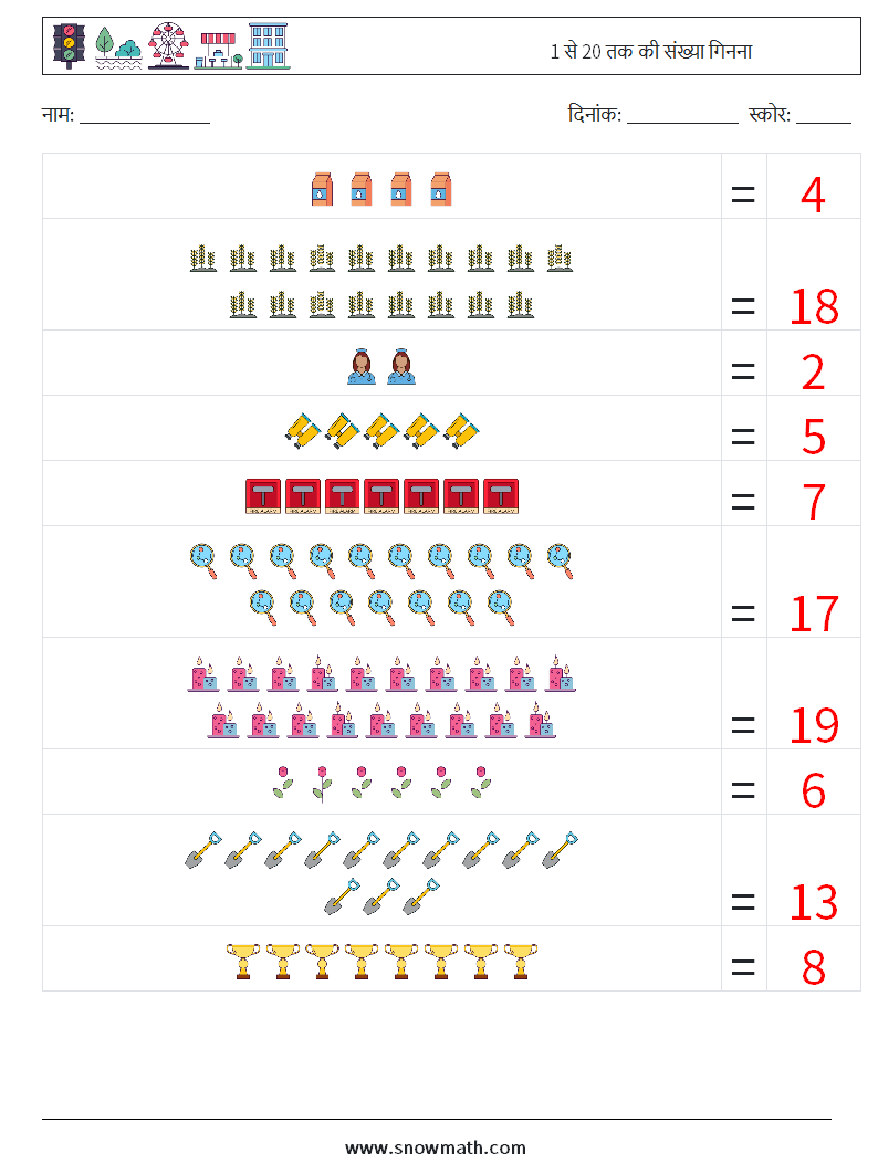 1 से 20 तक की संख्या गिनना गणित कार्यपत्रक 2 प्रश्न, उत्तर