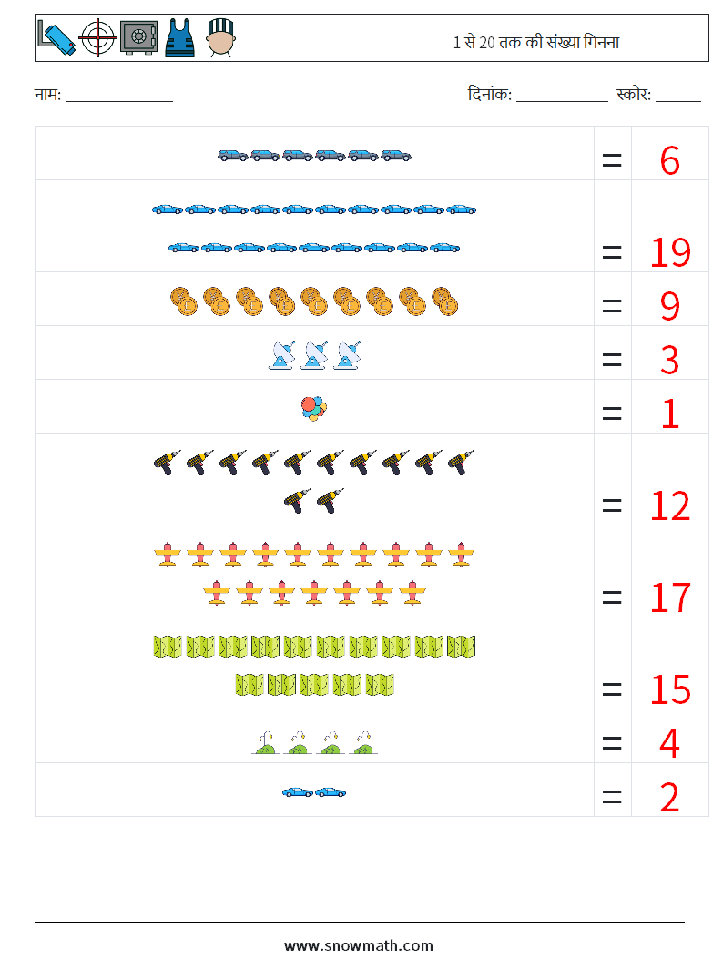 1 से 20 तक की संख्या गिनना गणित कार्यपत्रक 3 प्रश्न, उत्तर