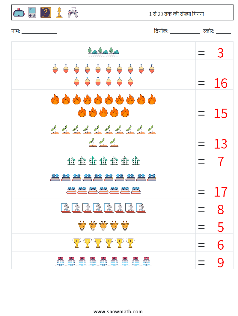1 से 20 तक की संख्या गिनना गणित कार्यपत्रक 7 प्रश्न, उत्तर