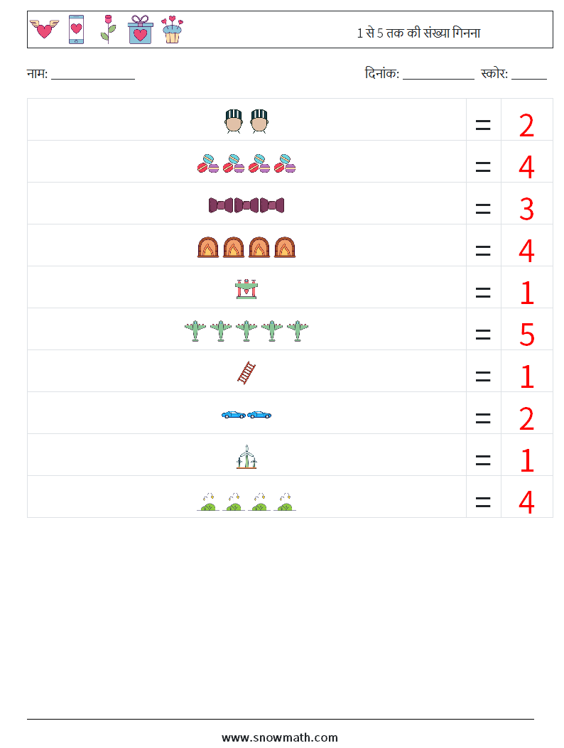 1 से 5 तक की संख्या गिनना गणित कार्यपत्रक 13 प्रश्न, उत्तर