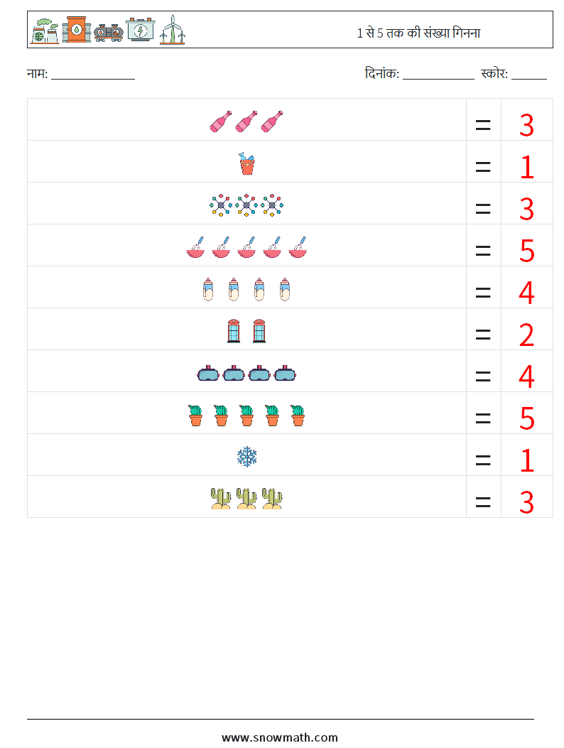 1 से 5 तक की संख्या गिनना गणित कार्यपत्रक 2 प्रश्न, उत्तर