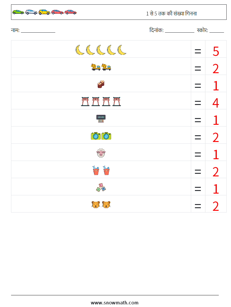 1 से 5 तक की संख्या गिनना गणित कार्यपत्रक 3 प्रश्न, उत्तर