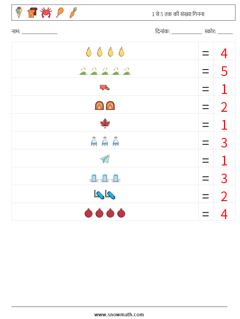 1 से 5 तक की संख्या गिनना गणित कार्यपत्रक 4 प्रश्न, उत्तर