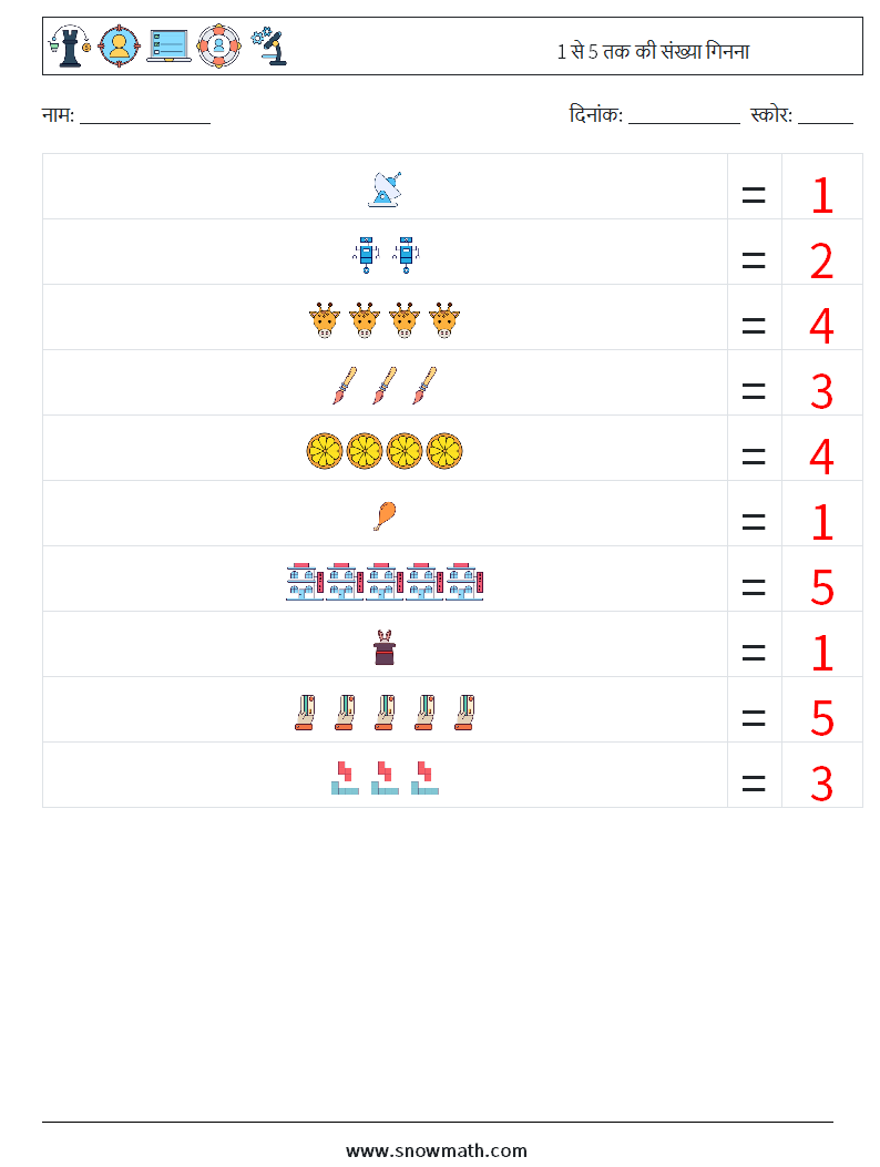 1 से 5 तक की संख्या गिनना गणित कार्यपत्रक 9 प्रश्न, उत्तर