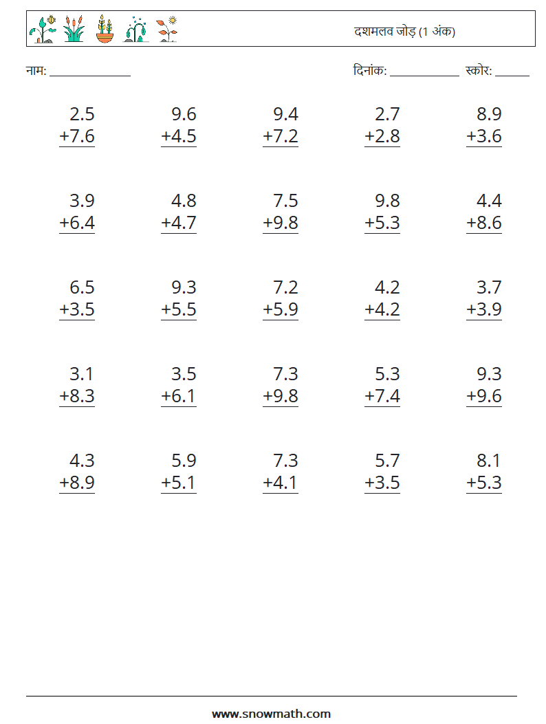 (25) दशमलव जोड़ (1 अंक) गणित कार्यपत्रक 1