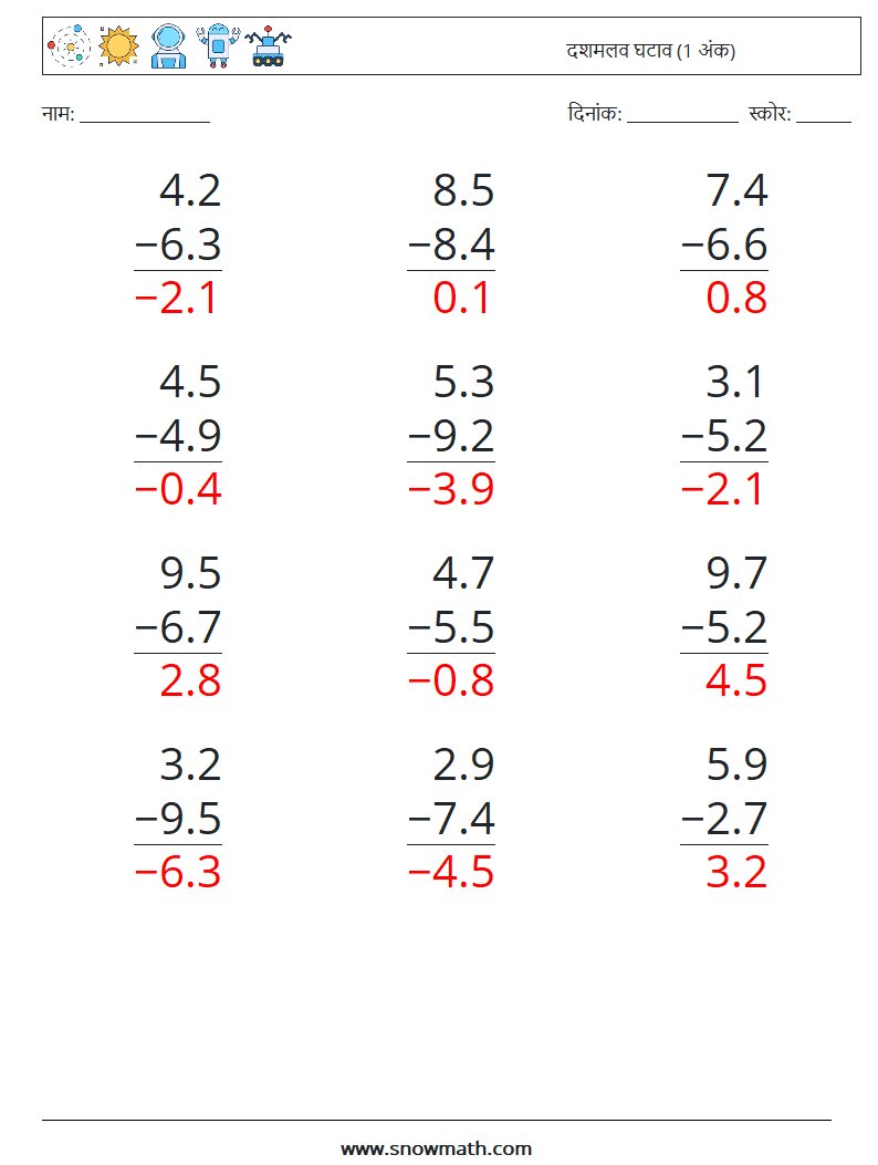 (12) दशमलव घटाव (1 अंक) गणित कार्यपत्रक 9 प्रश्न, उत्तर