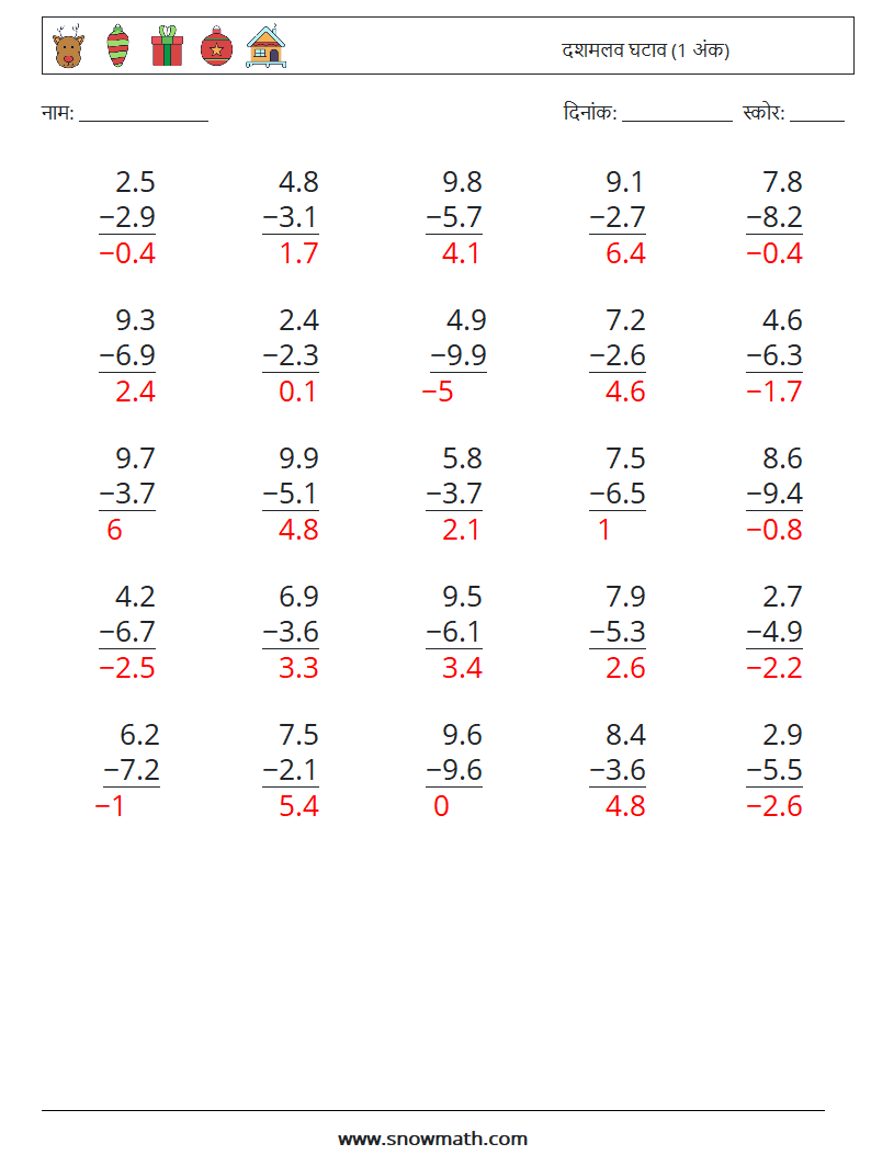 (25) दशमलव घटाव (1 अंक) गणित कार्यपत्रक 12 प्रश्न, उत्तर