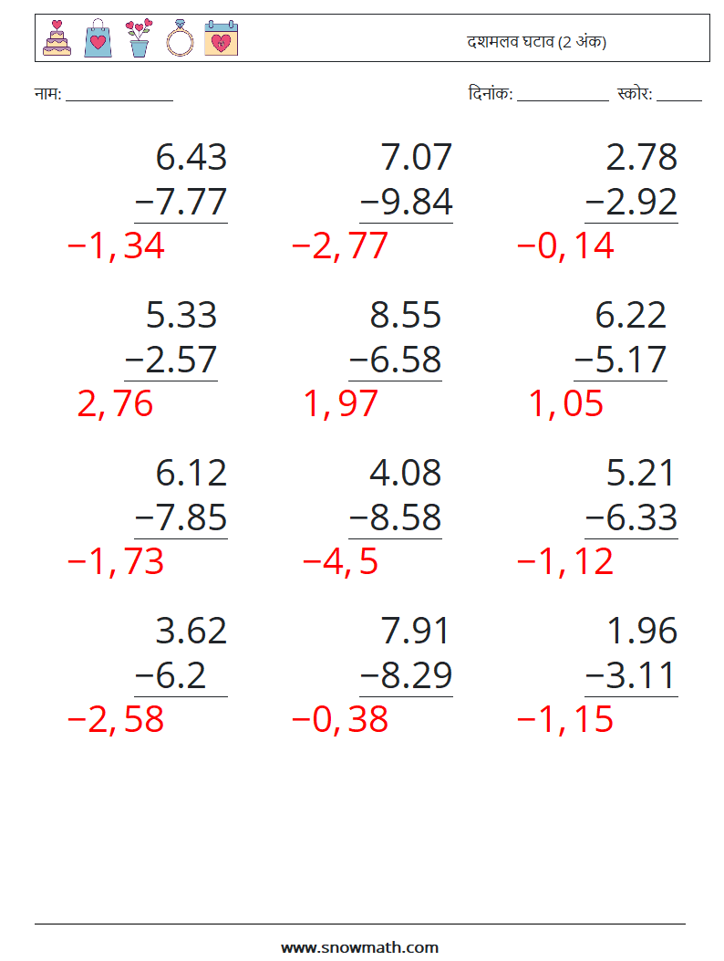 (12) दशमलव घटाव (2 अंक) गणित कार्यपत्रक 10 प्रश्न, उत्तर